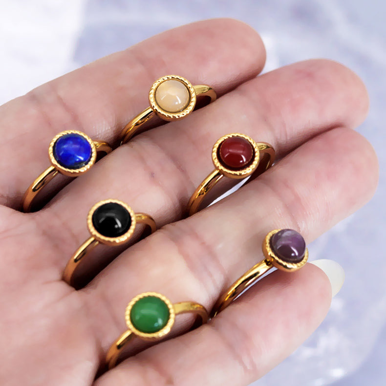 Colorful Natural Stone Inlaid Titanium Steel Ring 18K Gold Plating Red Agate Pink Crystal Amethyst Blue San Bracelet Jewellery Women